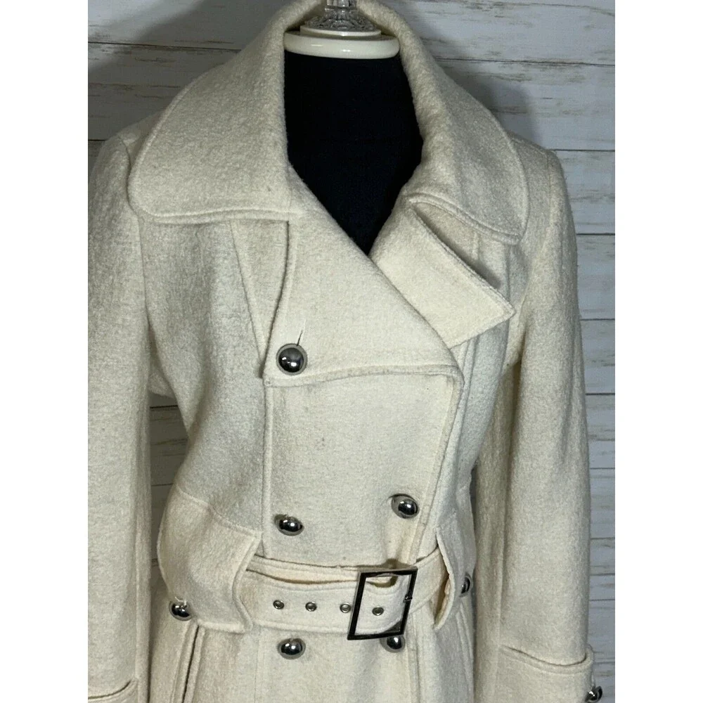VIA 100% Boiled Wool Viscose Ivory White Size 8 Womens Long Jacket Coat spiga